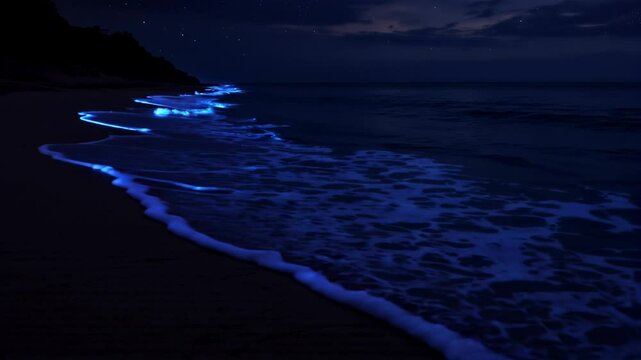 Mesmerizing bioluminescent bay at night with glowing water and starlight