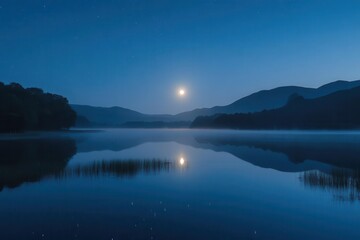 Fototapeta premium dramatic super moon rising over misty mountains casting silver light across a serene lake with stars twinkling in the deep blue night sky