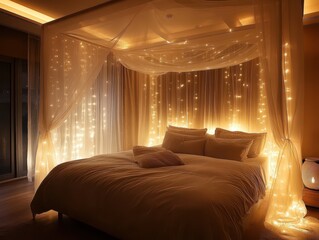 A warm cozy bed adorned with delicate lighting and string lights