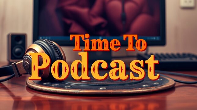 Podcast time! Headphones, speaker, and computer set the scene for engaging audio content creation and sharing on a shiny wooden surface.