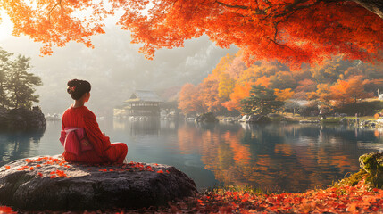 Japanese Woman Admiring Colorful Autumn Leaves Arashiyama