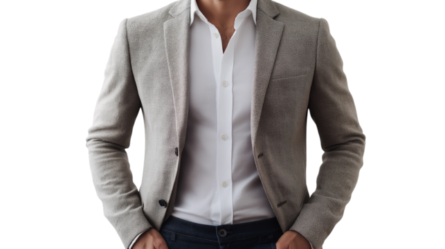 Dropshipping business owner in a smart-casual blazer, focused and determined look, clean white background, isolated PNG