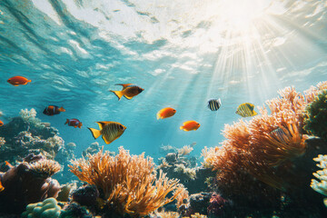 Obraz premium Illustration of a vibrant coral reef teeming with life, featuring colorful tropical fish swimming among intricate sea anemones and swaying corals. Sunlight filters through the crystal clear water,