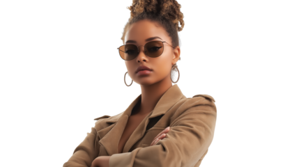 Social media influencer in trendy fashion, confident pose, clean white background, isolated PNG