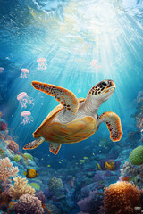 Obraz premium Illustration of an adorable sea turtle swimming gracefully through a coral reef, surrounded by schools of fish and floating jellyfish. Sunlight filters through the clear water, illuminating the