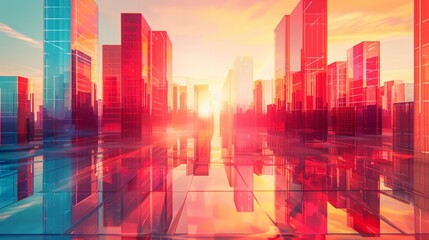 Fototapeta premium Abstract glowing crystalline structures in red and blue tones with sharp edges illuminated by sunlight at dawn