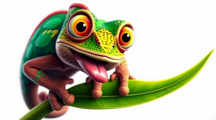 Cartoon chameleon sticks out its tongue and perches on a leaf against a white background. Its eyes are wide and colorful.