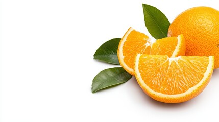 Fototapeta premium Vibrant Orange Slices With Lush Green Leaves On White