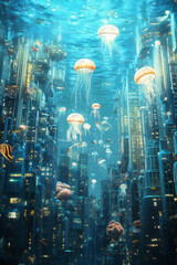 Obraz premium Illustration of a surreal underwater city, its towers made of coral and glass rising from the ocean floor. Fish with shimmering scales dart through the streets, while glowing jellyfish float gently