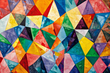 Illustration of geometric triangles and polygons, each filled with bright, contrasting colors. The sharp lines and bold colors create a sense of order and structure, making the design eye catching and