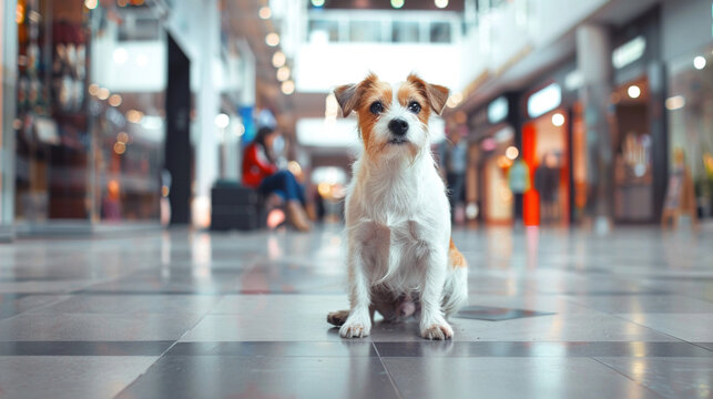 A well-behaved poodle sits attentively near a designer storefront as shoppers pass by—illustrating how upscale malls now cater to four-legged patrons.