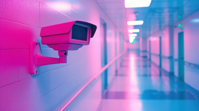 Security cameras monitoring hospital hallway healthcare facility photograph safe environment perspective surveillance - Powered by Adobe