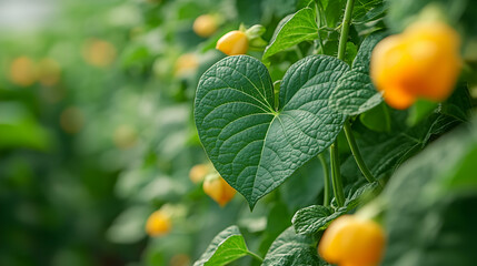 Heart-shaped leaf on bean plant, greenhouse, blurred background, agriculture