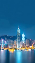 Obraz premium Hong Kong Skyline Night View - Stunning night view of the Hong Kong skyline, illuminated skyscrapers reflected in calm waters