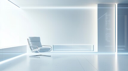 Fototapeta premium Futuristic Minimalist Interior Design: Serene White Room with Modern Chair