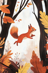 Illustration of a playful squirrel leaping between branches, its bushy tail trailing behind it. The bright, leafy background highlights the energetic, agile nature of the squirrel as it moves through