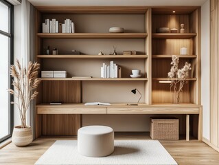 A contemporary home office featuring built in wooden shelves and desk