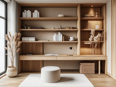 A contemporary home office featuring built in wooden shelves and desk