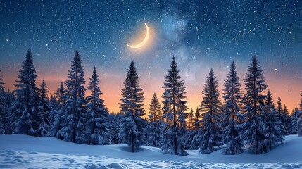 Fototapeta premium Winter Wonderland with Crescent Moon and Starry Sky Over Snowy Pine Trees