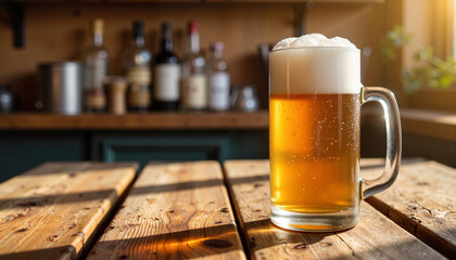 Frothy beer mug on rustic wooden table in warm pub atmosphere, nostalgia