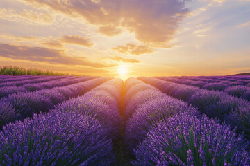 Obraz premium Illustration of a vibrant lavender field stretching endlessly under a golden sunset sky. The rows of purple flowers contrast beautifully with the warm tones of the setting sun, while a gentle breeze