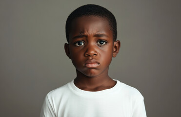 Fototapeta premium A young African boy stands with a serious expression, dressed in a plain white t-shirt. The neutral background highlights his thoughtful demeanor and youthful features