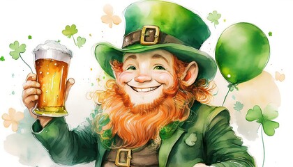Lively leprechaun celebrating with beer and balloon at a festive gathering in a colorful watercolor style. Generative AI