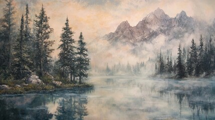 Fototapeta premium Misty Mountain Lake Serenity - Tranquil watercolor painting of a misty lake nestled among majestic mountains and evergreen trees. Peaceful and serene