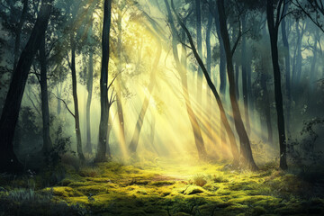 Obraz premium Illustration of a misty forest at dawn, with soft rays of sunlight piercing through the trees, casting a magical glow over the moss covered ground. The scene is peaceful and mysterious, evoking a