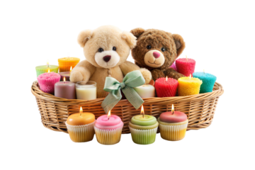 Cute Mother’s Day Gift Basket with Plush Teddy Bears, Scented Candles, and Colorful Cupcakes, Transparent Background