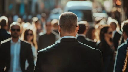 A bodyguard blending into a crowd while keeping an eye on a VIP.