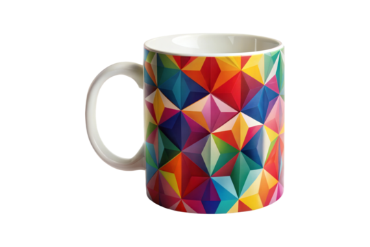 Modern Mug with Geometric Abstract Design in Vibrant Colors, Transparent Background
