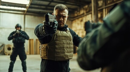 A bodyguard instructor teaching defensive techniques in a training center.