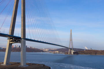 Cable-stayed bridge over the sea, Vladivostok, Russian bridge