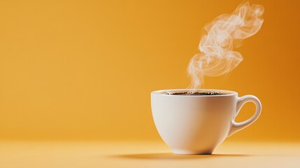 Warm Coffee Steam Rising From White Mug On Yellow Background