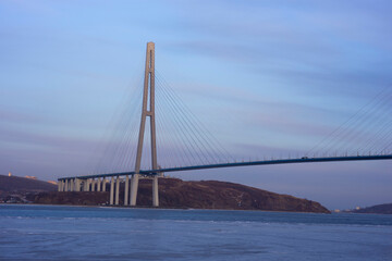 Cable-stayed bridge over the sea, Vladivostok, Russian bridge