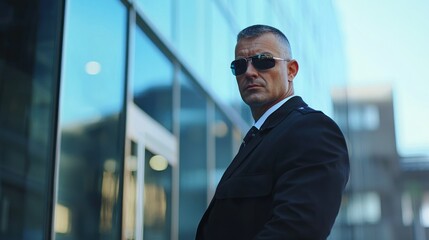 Obraz premium A professional bodyguard standing against a high-security building with a blurred background.