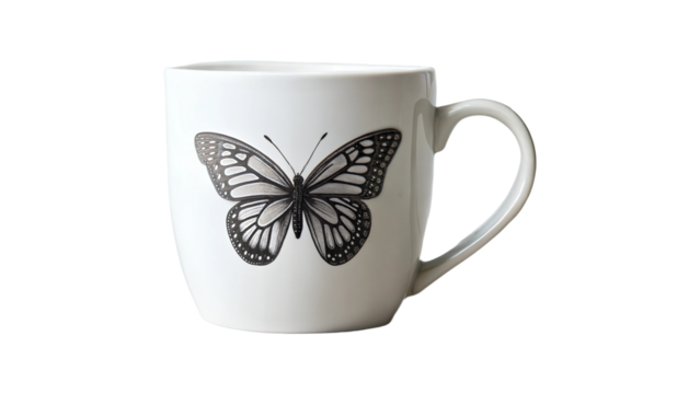 Simple White Mug with Black-and-White Print of Butterfly, Transparent Background

