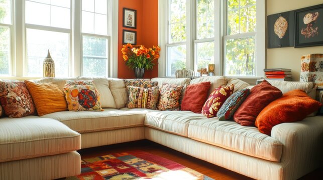 "Family room with playful decor and a large sectional sofa