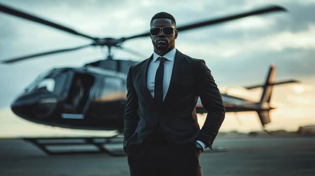 A bodyguard standing in front of a helicopter, ready to escort a client.
