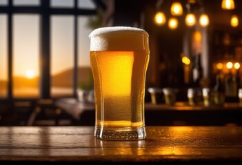 close view chilled beer pint glass glimmering dew drops foamy head creating inviting visual experience, refreshing, beverage, suds, drink, liquid, alcohol