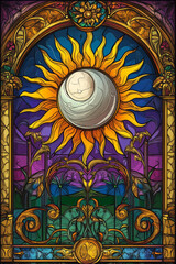 Fototapeta premium Illustration of an ornate stained glass window depicting a celestial sun and moon in perfect harmony. The intricate craftsmanship and vibrant colors create a stunning spiritual and artistic