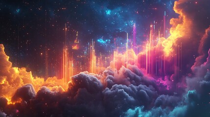 Fototapeta premium Neon Cityscape Rising Above Vibrant Cloudscape