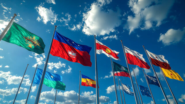 A collection of national flags waving on tall flagpoles against a blue sky