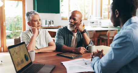 Debt, advice and consulting with old couple with financial advisor for retirement fund, fraud protection and pension planning. Documents and solution with people at home for account manager and help