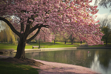 Naklejka premium Illustration of a stunning cherry blossom tree in full bloom, surrounded by a peaceful park with a pond. The soft pink petals float gently down to the ground, and the serene scene is bathed in the