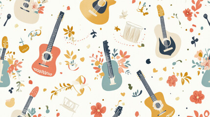 Obraz premium Colorful holiday mexican guitar pattern with music-themed elements as celebration background