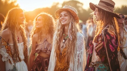 Fototapeta premium A group of friends dressed in boho-chic outfits at a sunset festival.