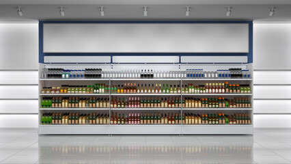 Shop interior mockup with liquor bottle display rack, blue wall with lightbox, white niches with shelves. 3d illustration