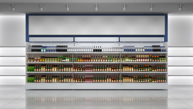 Shop interior mockup with liquor bottle display rack, blue wall with lightbox, white niches with shelves. 3d illustration